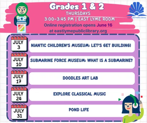 A calendar of summer workshops for Grades 1 and 2. 
