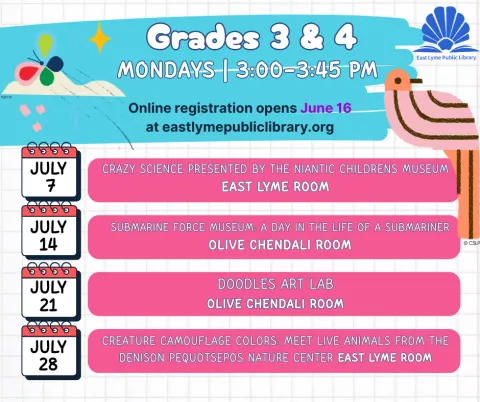 A calendar of summer workshops for Grades 3 and 4. 