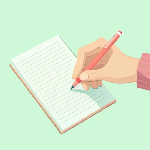A hand holding a pencil over lined paper