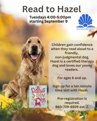 Picture of the golden retriever Hazel with fall leaves as a background. The image contains text that is identical to the program description and title.