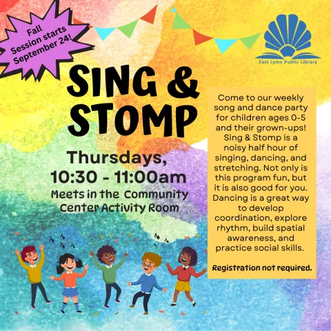 Picture of children dancing. Sing and Stomp is a dance party for young children that meets on Thursdays at 10:30-11am in the East Lyme Community Center Activity Room.