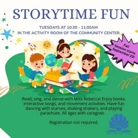 Storytime Fun includes reading, singing, dancing and playing! Tuesday mornings from 10:30-11:00 in the East Lyme Community Center Activity Room.