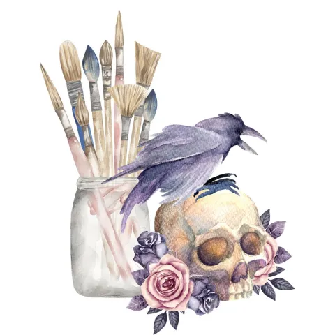 Watercolor featuring paintbrushes behind a skull with flowers around it and a crow with an open mouth on top.