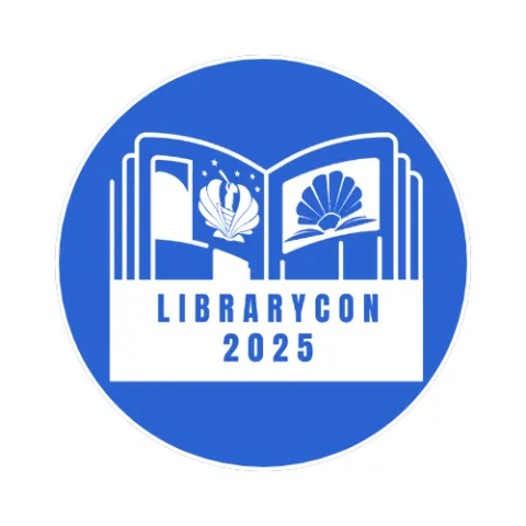 The Logo for Librarycon 2025. It is an open book with the logos of the East Lyme Public Library and Niantic Children's Museum.  