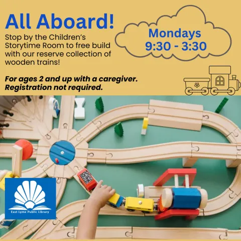 A child is pushing a wooden train along a train track. The image contains text that is identical to the program description and title.