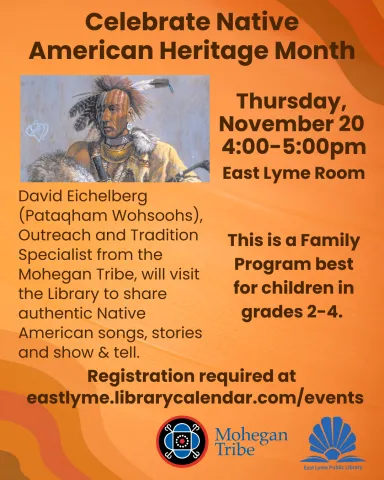 The image is of Uncas, Sachem of the Mohegan Tribe. The image contains text that is identical to the program description and title.