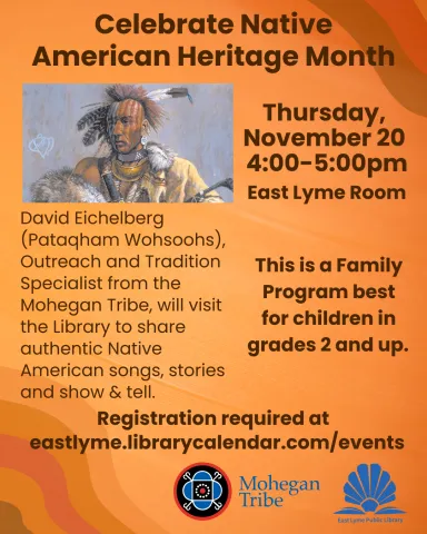 The image is of Uncas, Sachem of the Mohegan Tribe. The image contains text that is identical to the program description and title.