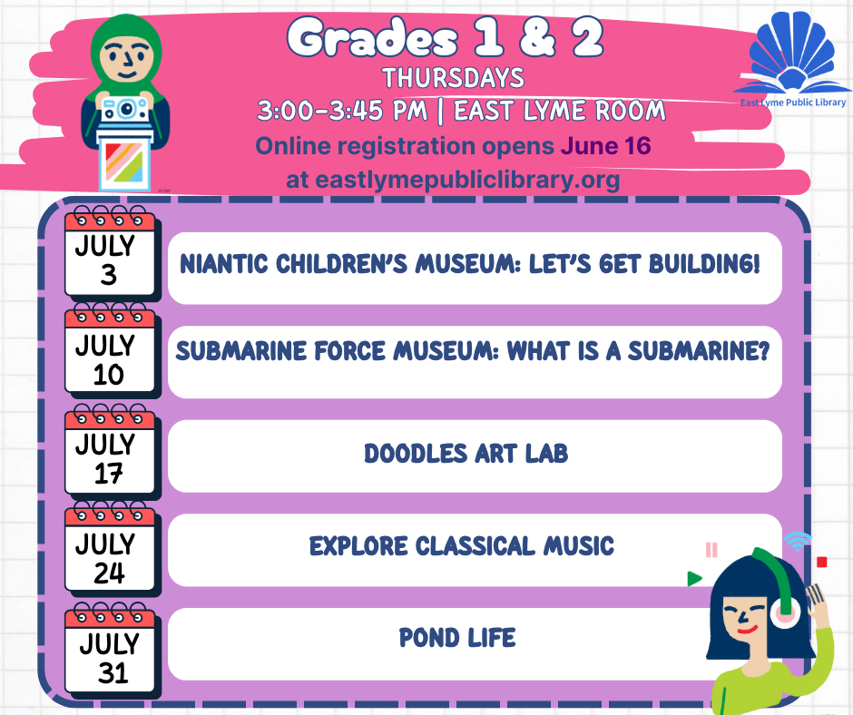 A calendar of summer workshops for Grades 1 and 2. 