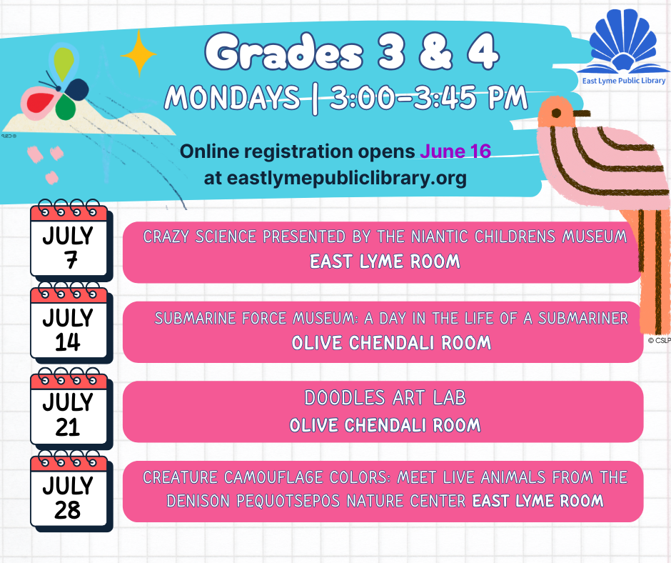 A calendar of summer workshops for Grades 3 and 4. 